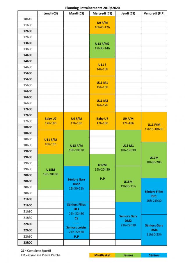 Planning entraînements Saison 2019/2020